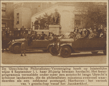 870766 Afbeelding van de start van de autotocht georganiseerd door de Utrechtsche Philatelisten Vereeniging, ter ...
